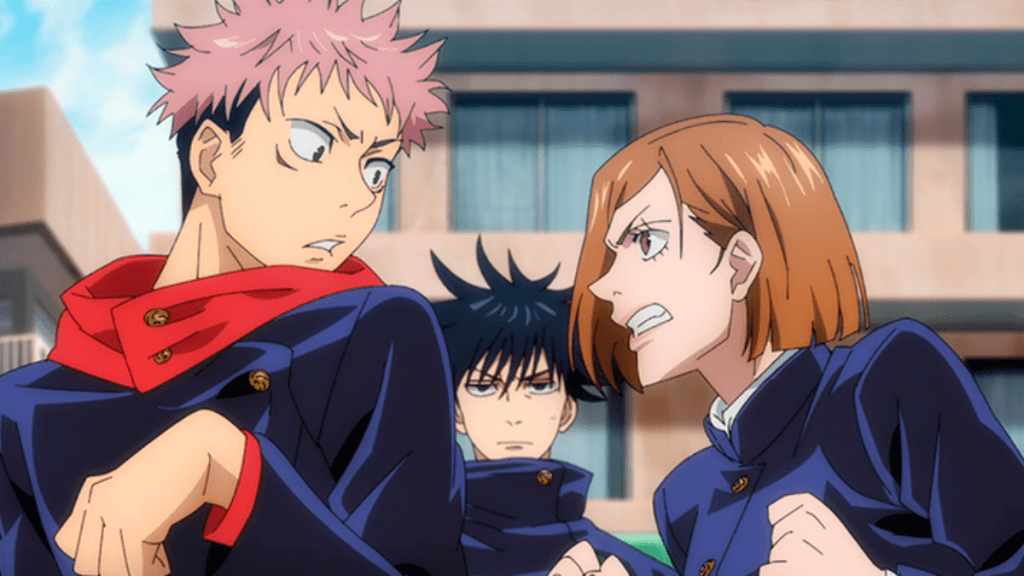 A imagem mostra três personagens do anime Jujutsu Kaisen, lançado em 2020. Estão na foto Itadori (a esquerda), Megumi (centro da foto) e Nobara (a direita da foto)